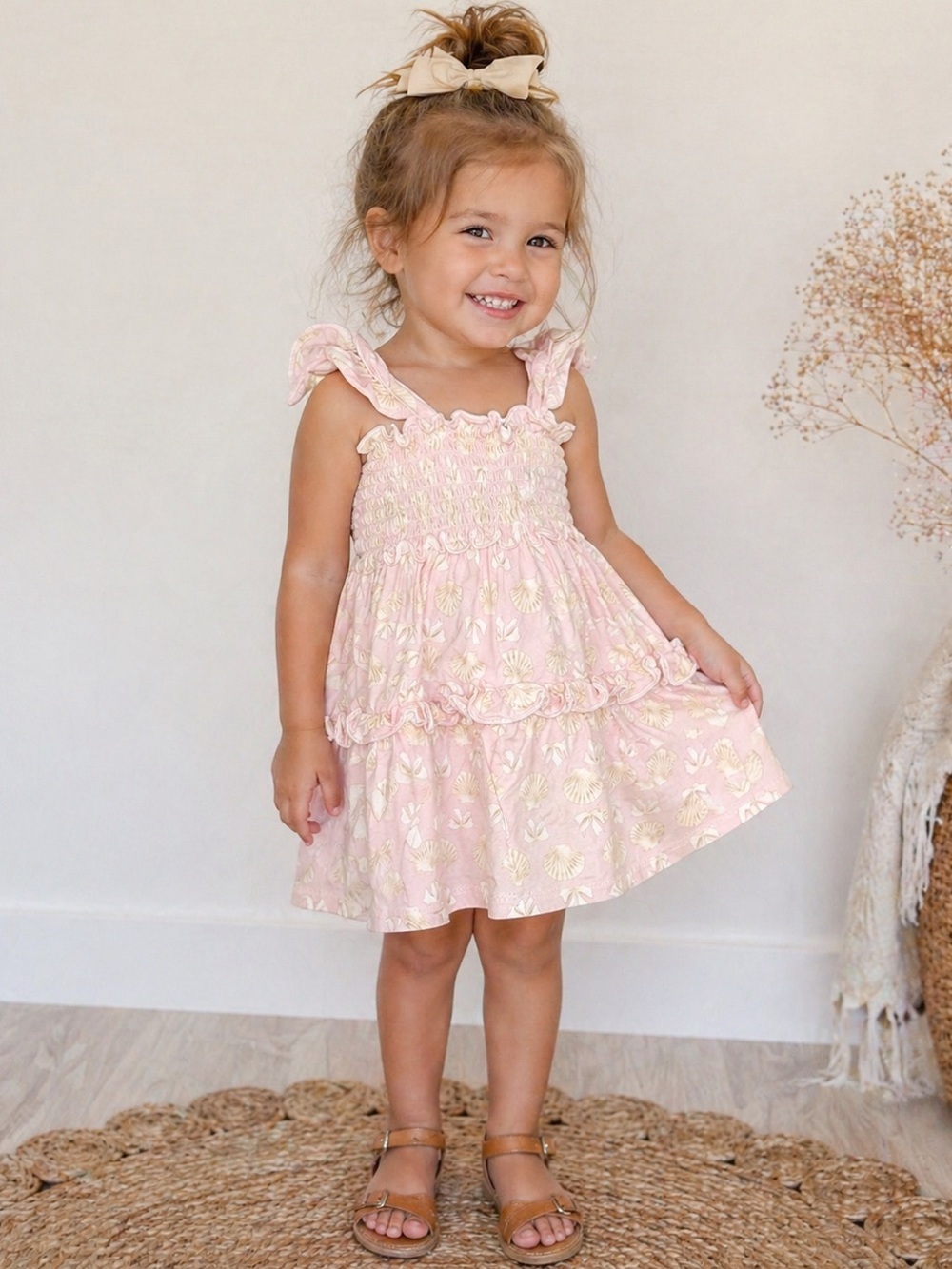 Milkberry Pink Seashell Smocked Dress 24M Ruffle Tiered Beach Summer Baby Girl